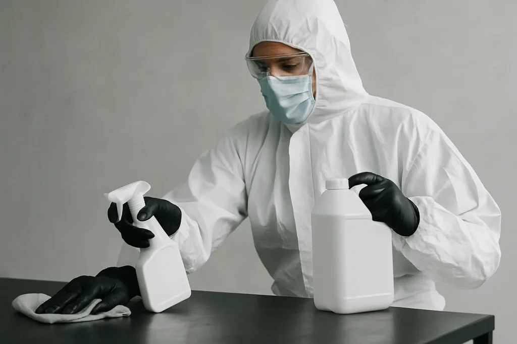 Technicien en combinaison de protection effectuant un nettoyage après décès avec des produits spécialisés.