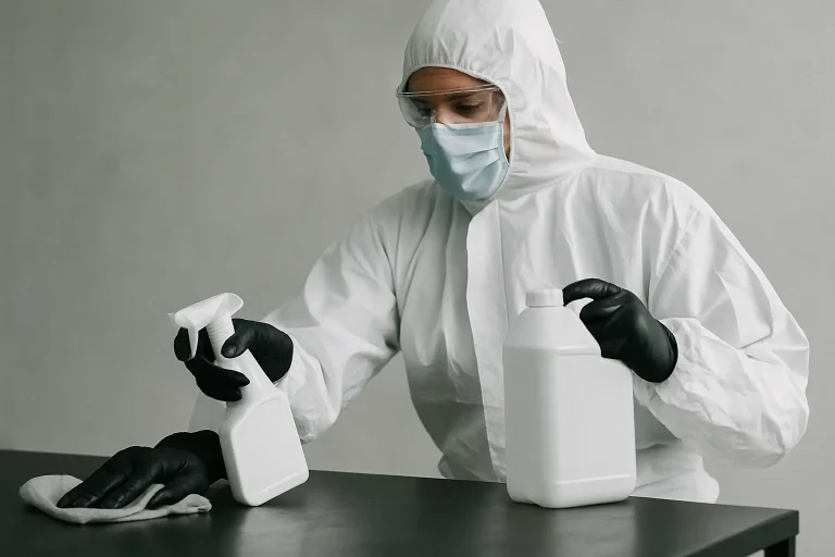 Technicien en combinaison de protection effectuant un nettoyage après décès avec des produits spécialisés.