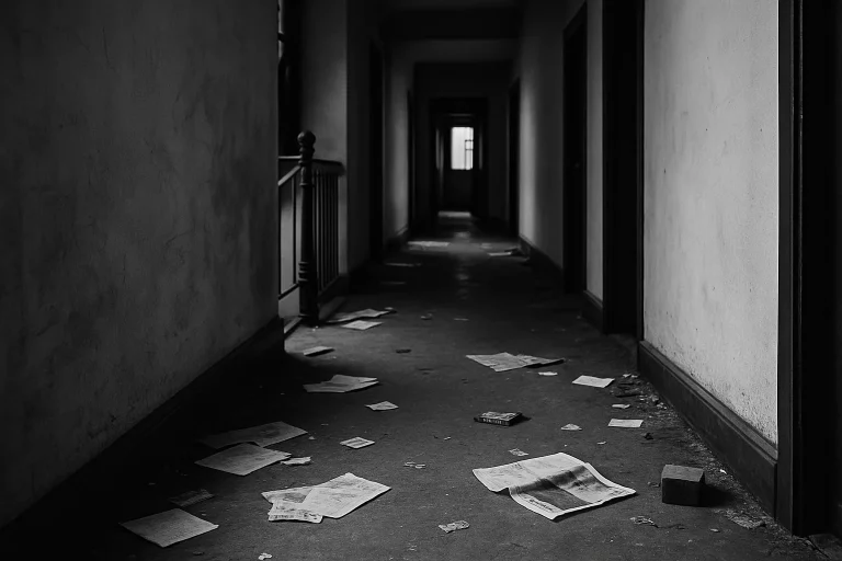 Couloir sombre avec objets éparpillés au sol après une expulsion.