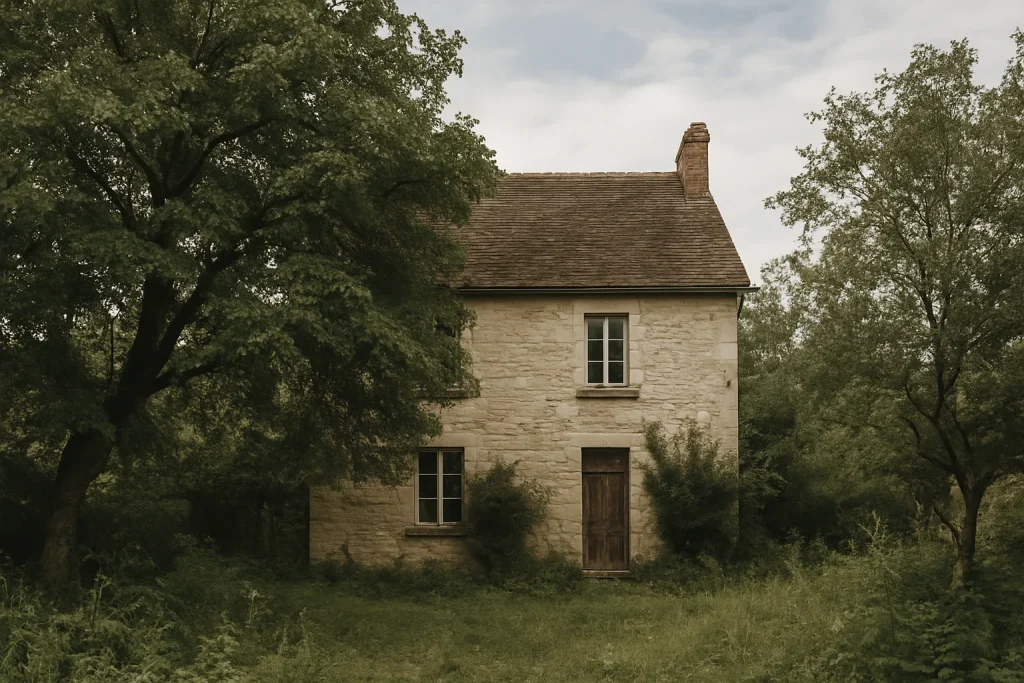 Maison ancienne dans l'Oise avec jardin envahi, vue extérieure en lumière du jour.