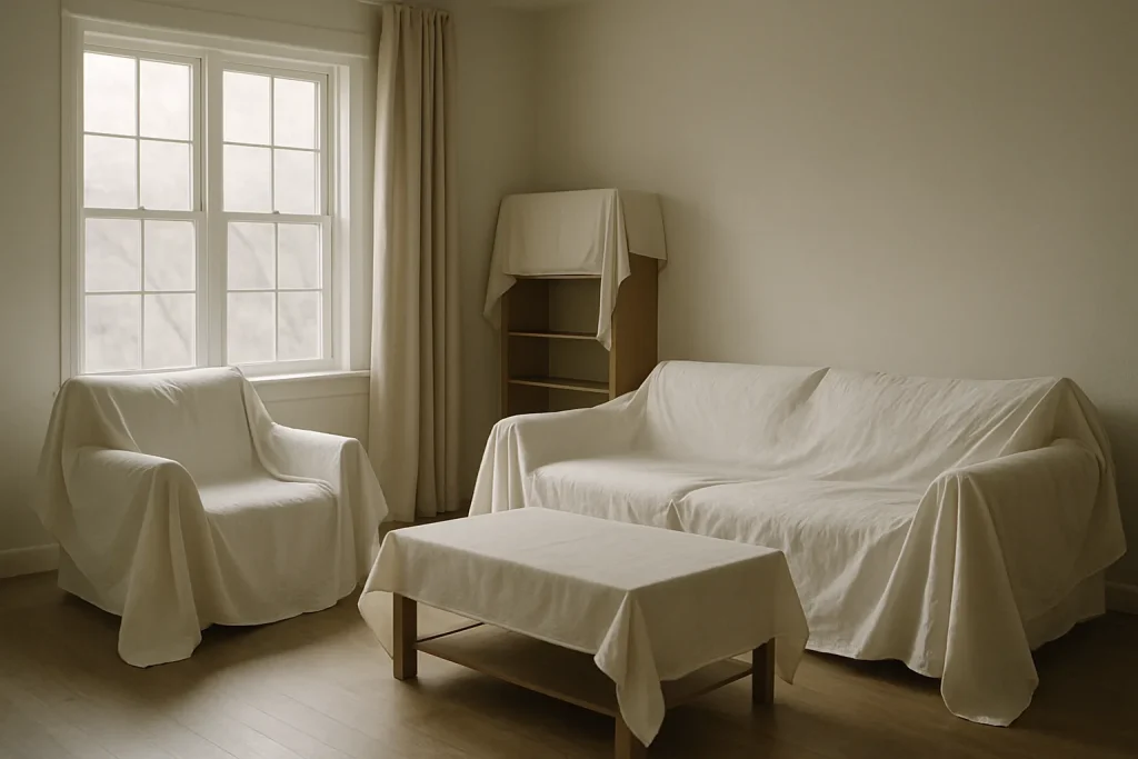 Pièce de vie vide avec mobilier couvert de draps blancs, lumière douce.