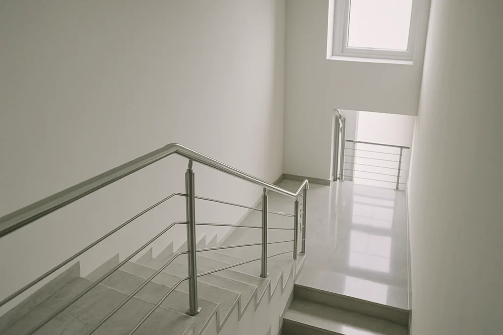Cage d'escalier d'immeuble moderne avec éclairage naturel et sol en marbre