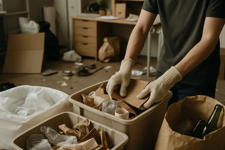 Mains avec des gants triant des déchets dans un espace encombré, lumière neutre