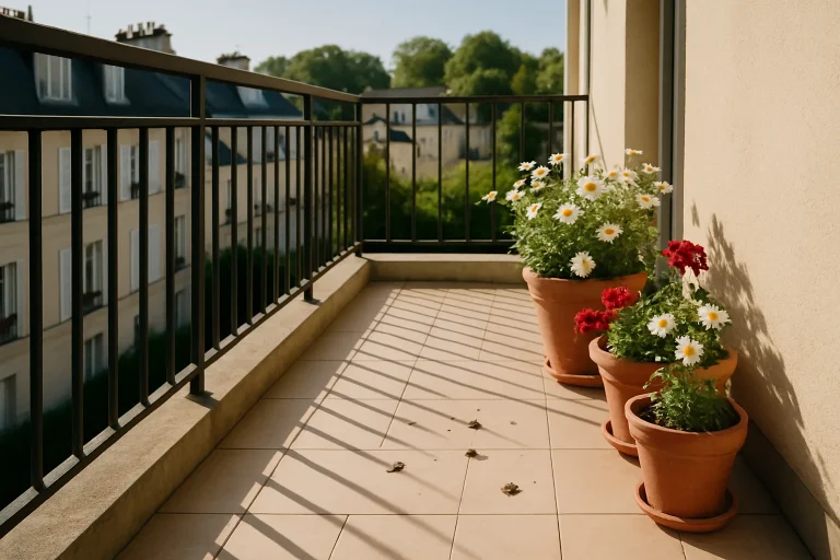 Balcon ensoleillé à Chantilly avec fientes de pigeon et pots de fleurs.