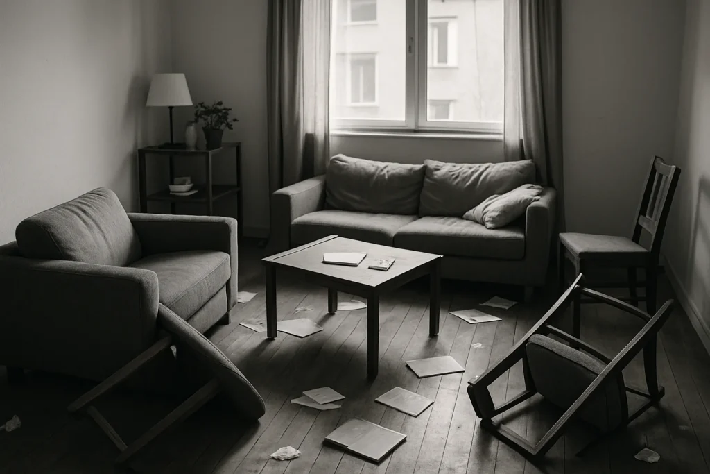 Appartement squatté avec meubles renversés et désordre général, éclairage naturel.