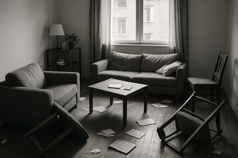 Appartement squatté avec meubles renversés et désordre général, éclairage naturel.