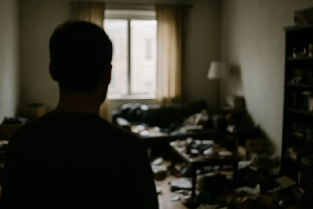 Silhouette floue de dos dans un appartement encombré avec lumière douce
