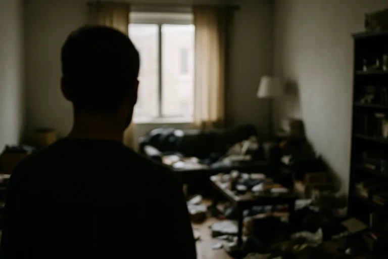 Silhouette floue de dos dans un appartement encombré avec lumière douce
