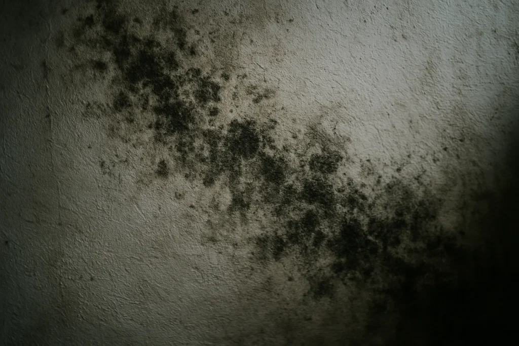 Surface murale avec traces d'humidité et moisissures, éclairage naturel.