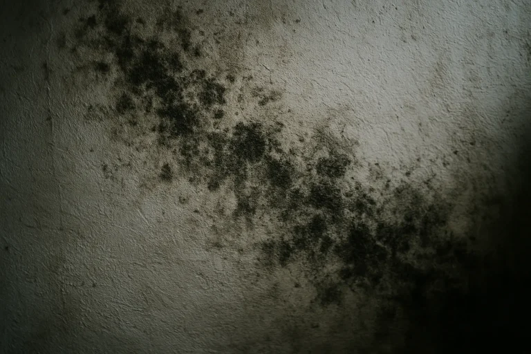 Surface murale avec traces d'humidité et moisissures, éclairage naturel.