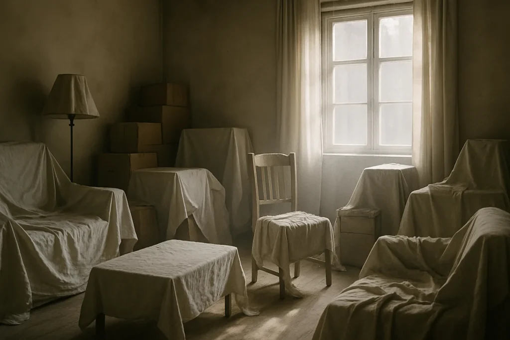 Pièce encombrée avec meubles sous draps, lumière douce entrant par la fenêtre.