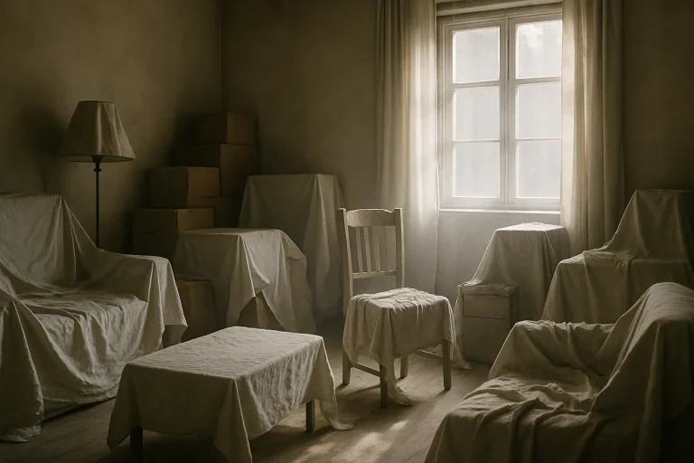 Pièce encombrée avec meubles sous draps, lumière douce entrant par la fenêtre.