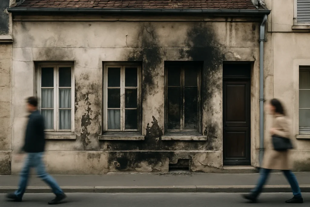 Façade de maison à Compiègne avec traces de sinistre, passants flous.