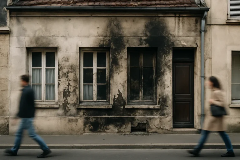 Façade de maison à Compiègne avec traces de sinistre, passants flous.