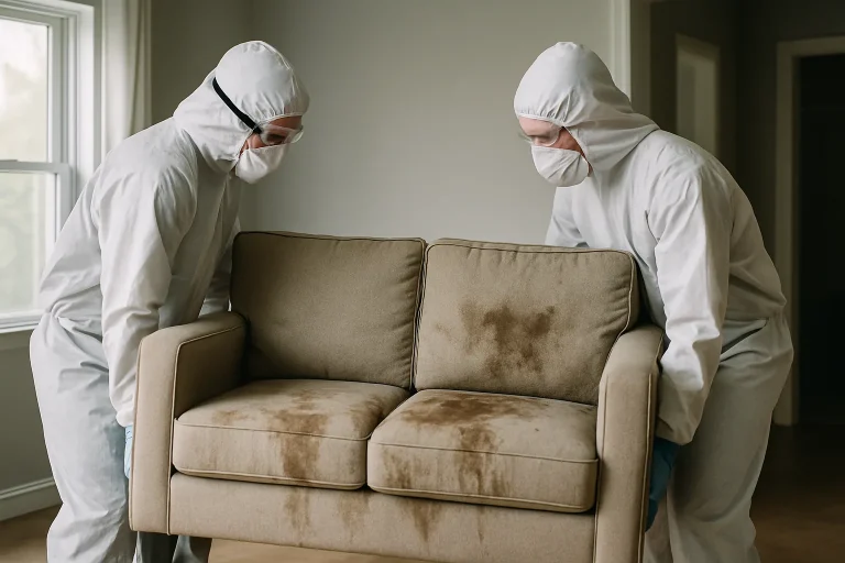 Deux personnes en combinaison de protection évacuant un canapé souillé d'une maison.