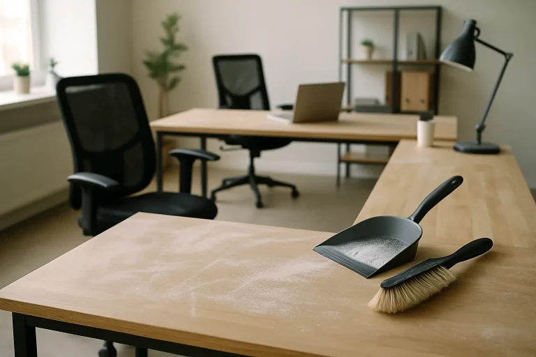 Bureau moderne avec poussière de travaux, outils de nettoyage visibles, lumière douce.