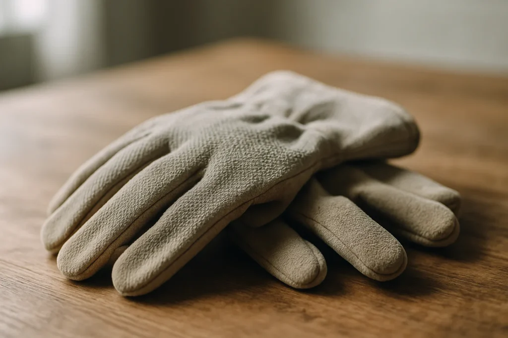 Gros plan de gants de protection sur une table en bois, lumière naturelle