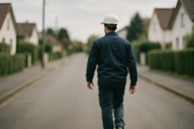 Un technicien en uniforme marchant dans une rue résidentielle par une journée ensoleillée.