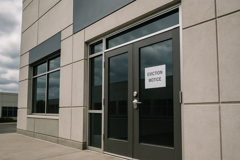 Entrée d'un bâtiment d'entreprise avec un avis d'expulsion affiché sur la porte.