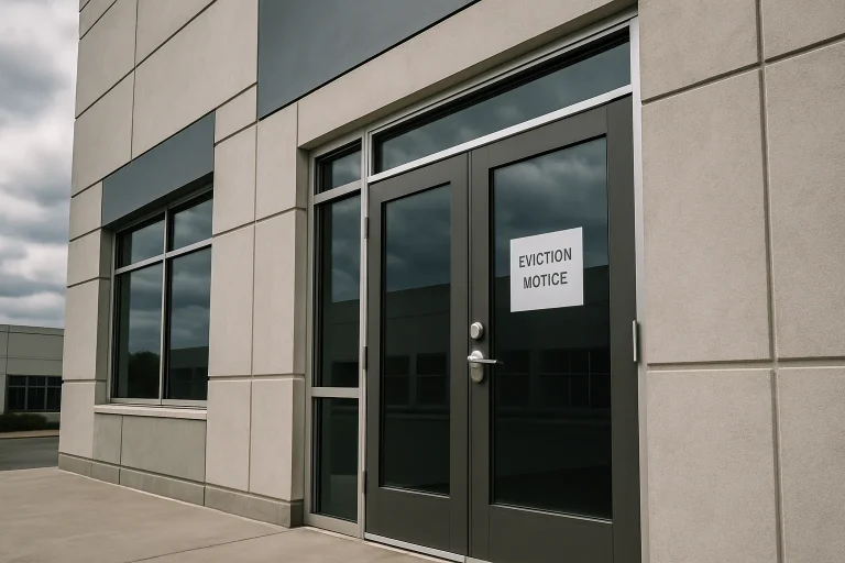 Entrée d'un bâtiment d'entreprise avec un avis d'expulsion affiché sur la porte.
