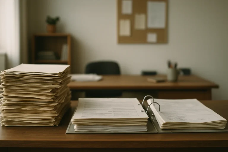 Un bureau avec des piles de papiers anciens et des classeurs ouverts pour tri