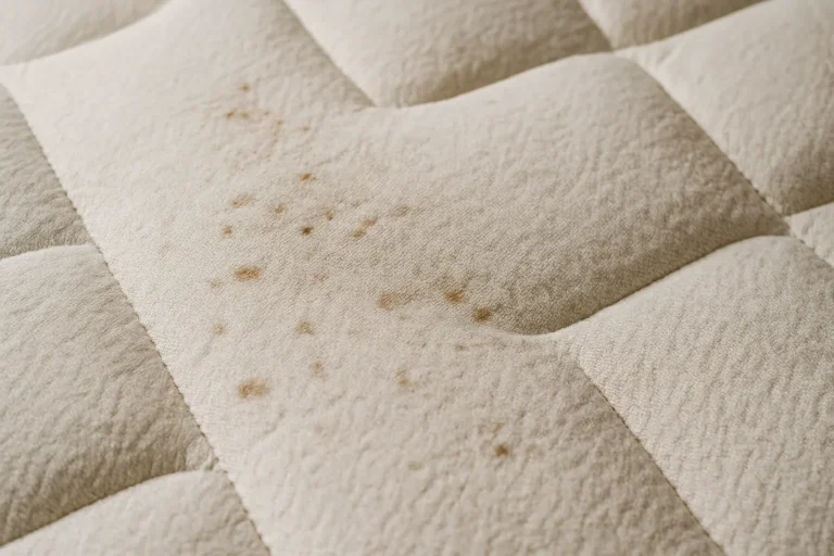 Gros plan sur un matelas avec traces d'insecticide, lumière naturelle, texture visible