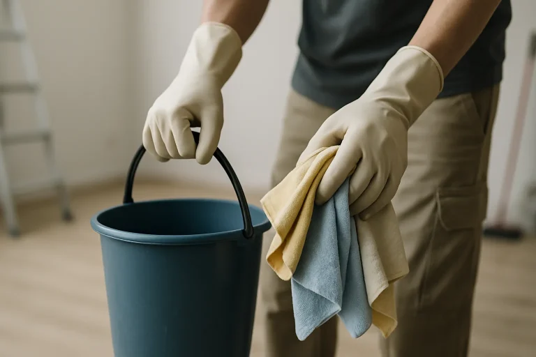 Mains gantées nettoyant une surface avec des outils de nettoyage, arrière-plan flou