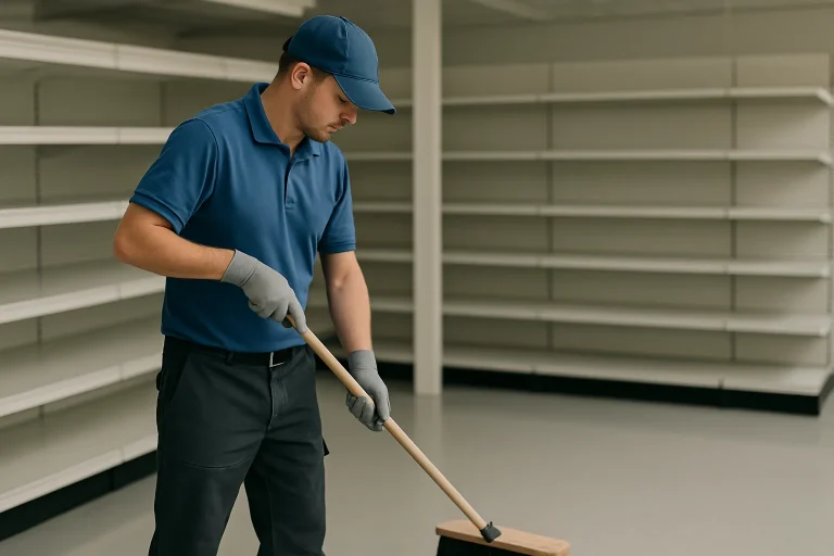 Un nettoyeur en action dans un magasin vide, utilisant un balai industriel.
