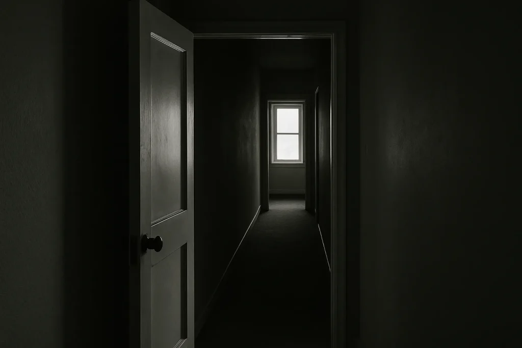 Couloir d'appartement vide avec porte entrebâillée, lumière naturelle.