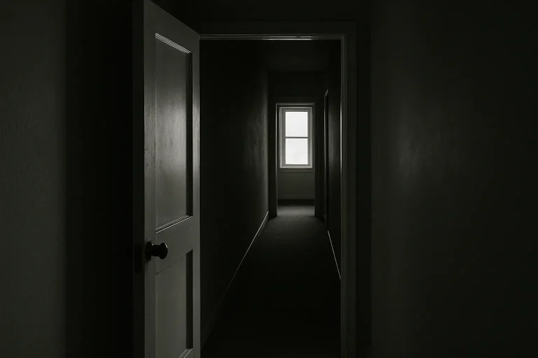 Couloir d'appartement vide avec porte entrebâillée, lumière naturelle.