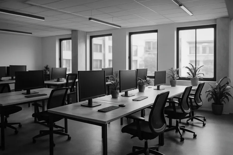 Open space moderne à Beauvais avec des bureaux alignés, lumière du jour