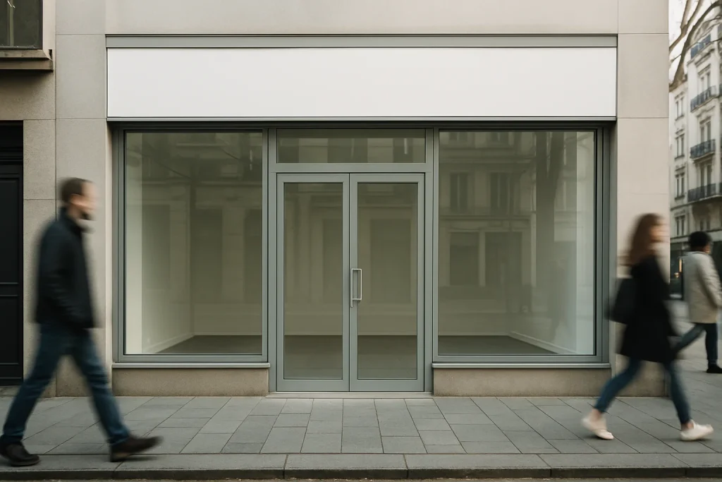 Façade moderne d'un local commercial propre en lumière du jour après désinfection