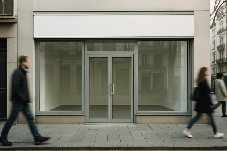 Façade moderne d'un local commercial propre en lumière du jour après désinfection
