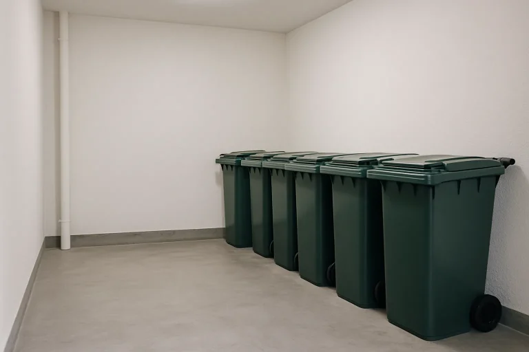Local poubelles bien entretenu avec poubelles alignées et sol propre