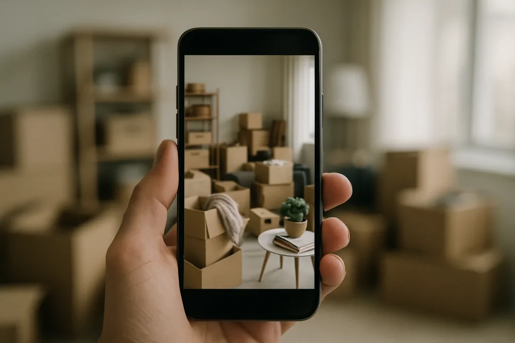 Smartphone affichant une photo d'un espace encombré, tenu par une main.